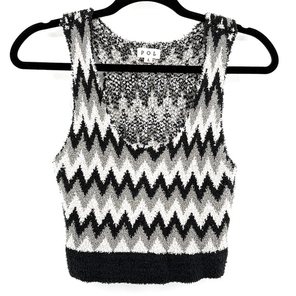 POL Chevron Pattern Tank Women's L Y2K Black Gray White Fuzzy Texture Zig Zag - Picture 1 of 6